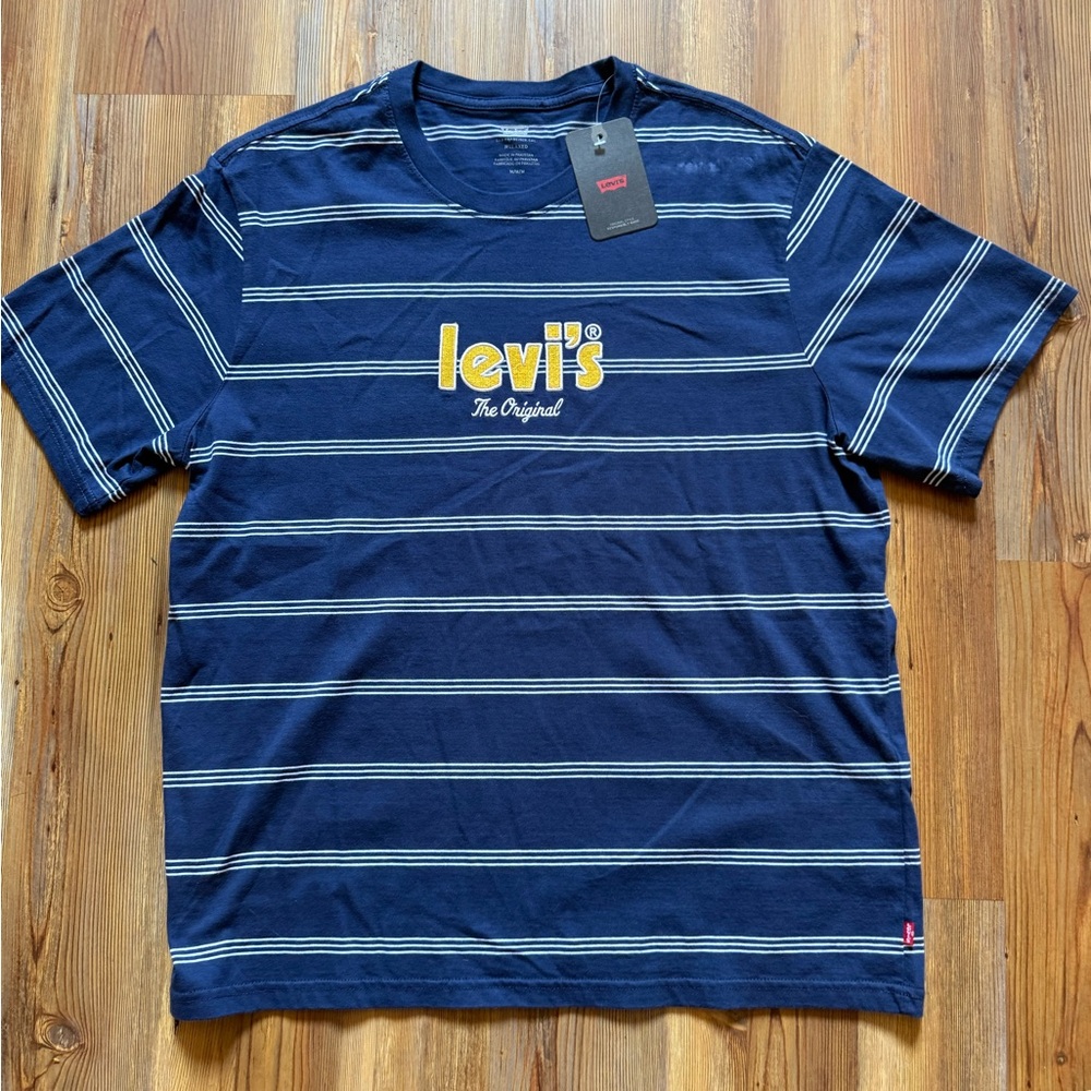 Levi's Men's Navy Striped Tee with Yellow Logo